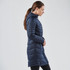 A navy women's parka jacket with a hood and quilted design, featuring a fitted silhouette.