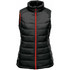 A black thermal vest with a high collar and red zipper, featuring quilted padding and no sleeves.