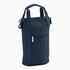 A drink bottle cooler in navy blue, featuring a zippered pocket and two sturdy handles. It has a logo.