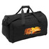 A black duffle bag with a lion graphic design and a logo. Features dual handles and a shoulder strap.