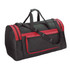 A black duffle bag with red accents, featuring a shoulder strap and multiple zippered compartments.