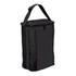 A drink bottle cooler in black, featuring a zippered top and a shoulder strap for easy carrying.