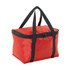 A red cooler bag with black handles and a zippered closure, featuring a simple design and a sturdy build.