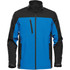 Men's softshell jacket in blue and black with a zippered chest pocket and two side pockets. Features branding.