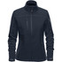 A women's softshell jacket in navy blue featuring a stand collar and multiple zippered pockets. It has a logo on it.
