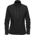 A black softshell jacket with a zip front, high collar, and a zippered pocket on the chest. It features a logo.