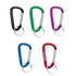 A set of five carabiners in black, green, purple, blue, and red, featuring metal keyring attachments.