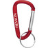 A red carabiner keyring with a silver attachment, featuring a logo on its surface.