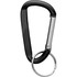 A black carabiner with a silver keyring attachment, featuring a minimalist design and a logo.