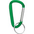 A green carabiner with a metal keyring attachment, featuring a metallic section.