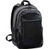 A black and grey backpack with multiple compartments and a logo. Suitable for various carrying needs.