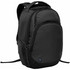 A black backpack with multiple compartments and a logo, designed for commuting and travel.