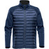 A navy blue hybrid jacket featuring a quilted front and fleece-like sleeves, with a zip and two side pockets.