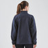 A women's navy jacket with a high collar and elastic cuffs, featuring a logo on the sleeve.