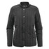 A black women's thermal jacket featuring a quilted design and snap button closure, with a logo on the chest.
