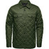 A quilted jacket in dark green with a collared neckline and two chest pockets, featuring a logo.