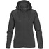 A women's zip hoodie in dark grey, featuring a hood and a front zipper, with branding on the label.