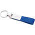 A blue key ring with a silver metal attachment and a logo on the metal part.