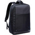 A black laptop backpack with a sleek design and a front pocket, featuring a logo on the side.