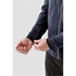 A navy blue men's fleece hoody featuring a zip closure and ribbed cuffs. It has a logo on the garment.