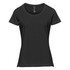 A black women's short sleeve tee with a round neckline and a subtle logo.