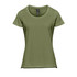 A green women's short sleeve tee with a round neckline and a branding logo.