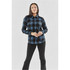 A long-sleeve button-up shirt in navy and black check pattern, featuring two chest pockets and a logo.