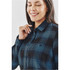 A blue and black plaid button-up shirt for women, featuring a breast pocket and a relaxed fit.