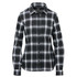 A long-sleeve button-up shirt in black and white plaid, featuring two chest pockets and a logo.