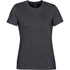 A women's short sleeve T-shirt in dark grey with a fitted design and a logo on the hem.