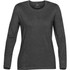 A long-sleeve women's T-shirt in dark grey with a round neckline and a logo label at the hem.