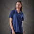 A navy women's polo shirt with a collar and short sleeves, featuring a logo on the front.