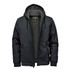 A black hooded jumper featuring a plush lining and front pockets, complete with a logo on the chest.