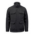 A black jacket with multiple pockets, a high collar, and a logo, designed for outdoor use.