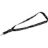 A flat panel lanyard in black with a clip, featuring a logo along the length. Ideal for events and exhibitions.