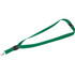 A green lanyard with a flat panel and a metal clip for attachment, featuring a logo.