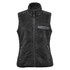 A black women's Bergen Sherpa fleece vest with a high collar and front zip, featuring side pockets and a logo.