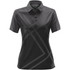 A dark grey women's polo shirt featuring a geometric pattern and a collar. The shirt has a logo on it.