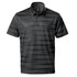 A dark grey polo shirt with horizontal stripes and a collar. It features a logo on the chest.