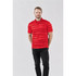 A red striped polo shirt for men, featuring a collar and short sleeves, with a branding logo.