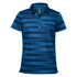 A women's polo shirt in dark blue with horizontal stripes and a collar. It features a logo on the front.