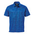 A blue geometric patterned polo shirt featuring a collar and short sleeves, with a branding logo.