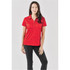 A red women's polo shirt with a textured pattern and a collar, featuring a logo on the chest.