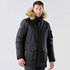 A men's black explorer parka with a fur-lined hood and multiple pockets, featuring a logo on the sleeve.