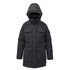 A black women's parka jacket with a hood, featuring multiple front pockets and a sleek design.