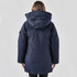 A navy blue women's Denali parka featuring a hood and a casual fit, viewed from the back.
