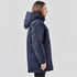 A navy blue Women's Denali Parka jacket featuring a hood and side pockets, displayed on a model.
