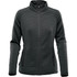 A women's jacket in dark grey with a textured pattern and zippered front, featuring two side pockets.