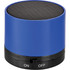 A blue cylinder-shaped Bluetooth speaker with a mesh grille on top and an on/off switch at the bottom.