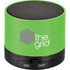 A green cylinder Bluetooth speaker with a mesh top and a logo. It features an on/off switch at the bottom.